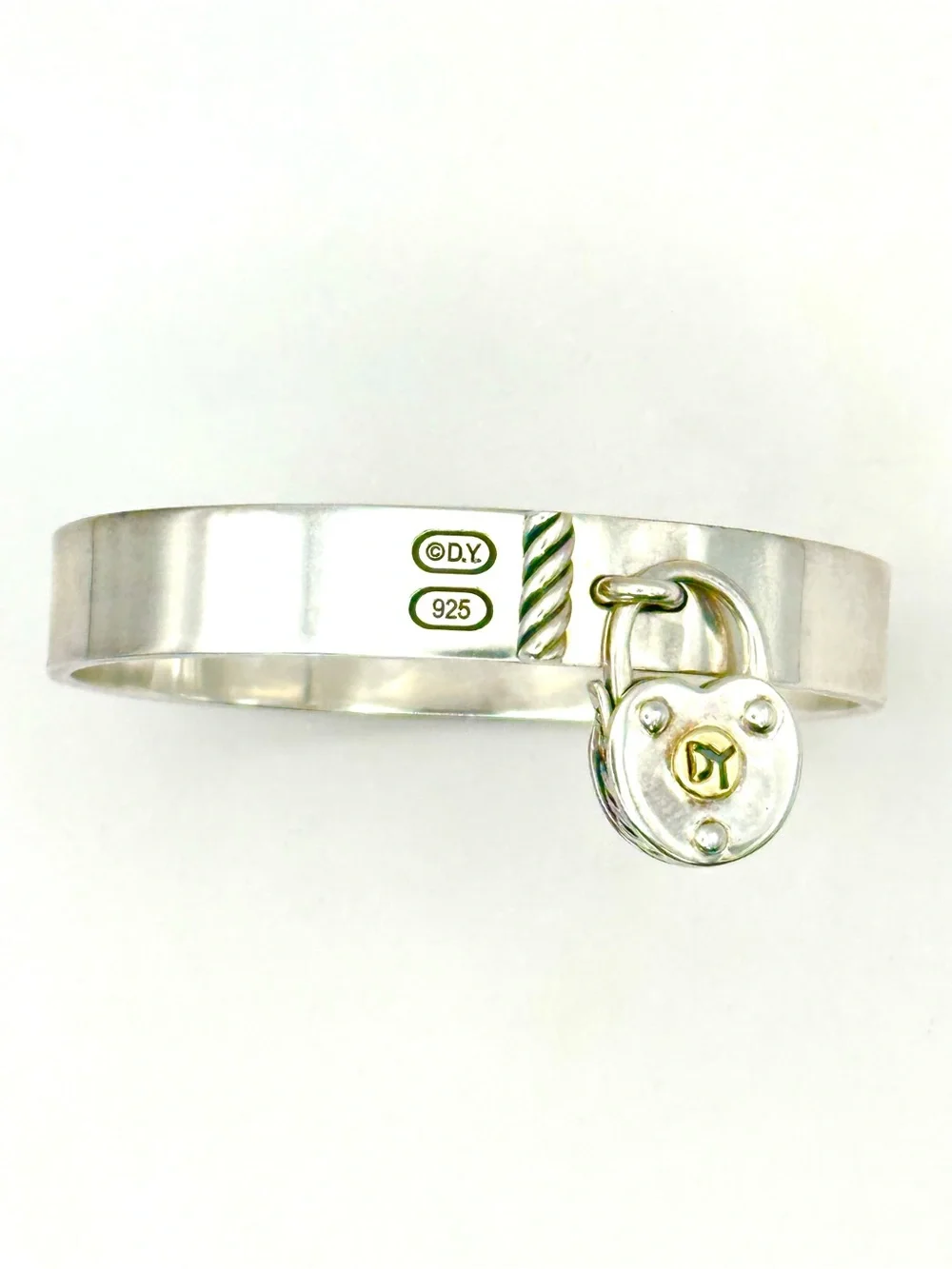 David  Yurman  Sterling Silver Heart Padlock Hinged Cuff Bracelet w/ 18 KT Gold